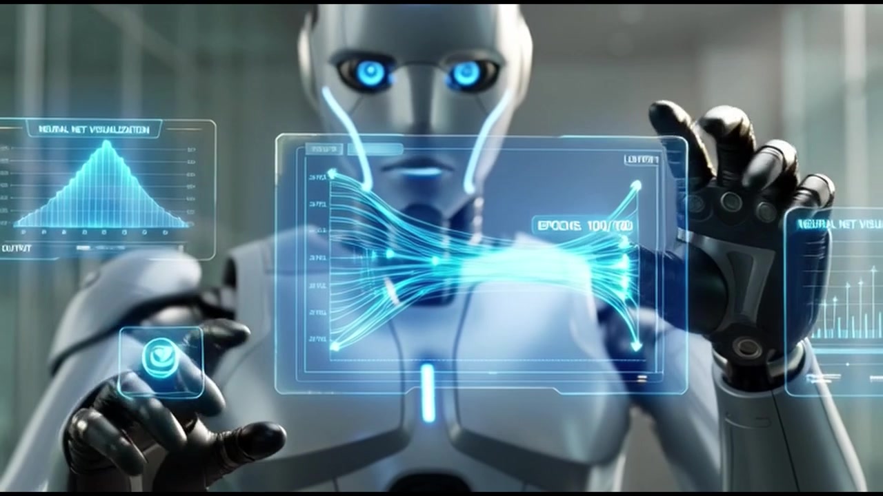 Humanoid Robot Interacting with Holographic Data Interface in Modern Office