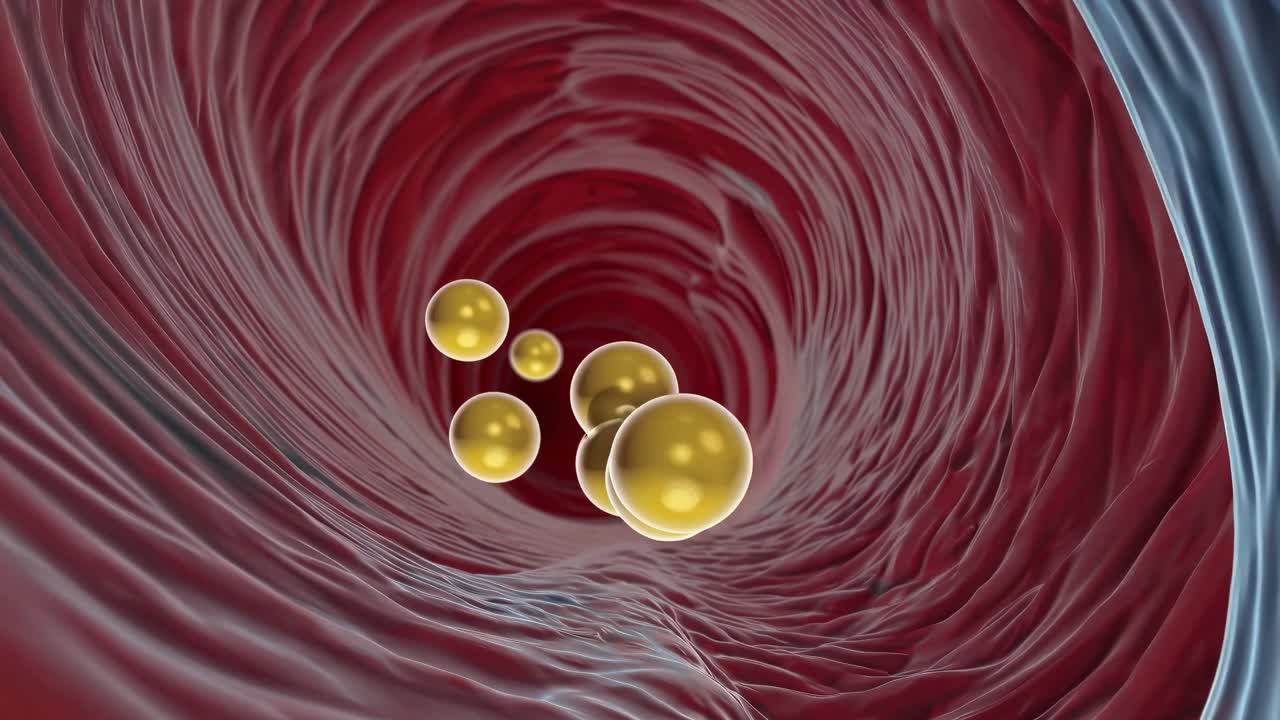 Concetto video dinamico di sfere dorate che viaggiano attraverso un tunnel rosso