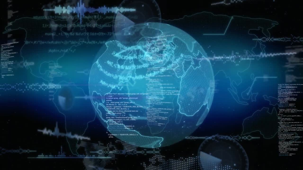 Composition of data processing on screens over globe and world map