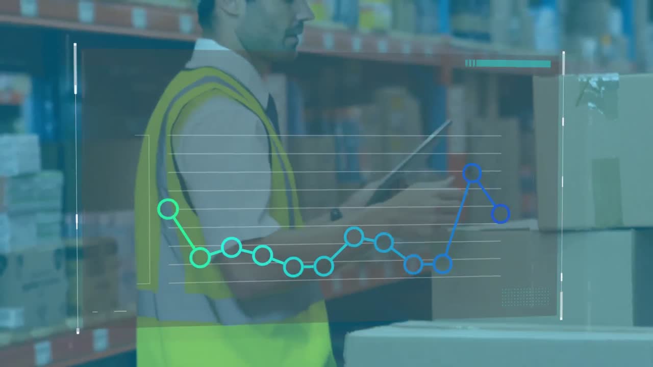 animación de un hombre caucásico trabajando en un almacén y usando una tableta sobre estadísticas y datos
