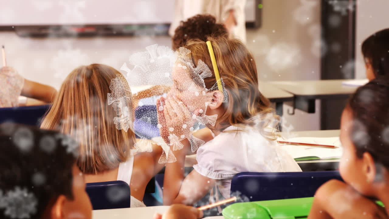 Animatie van coronaviruscellen boven lerende schoolkinderen