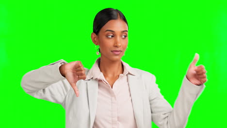 Thumbs-up,-down-and-confused-businesswoman-is