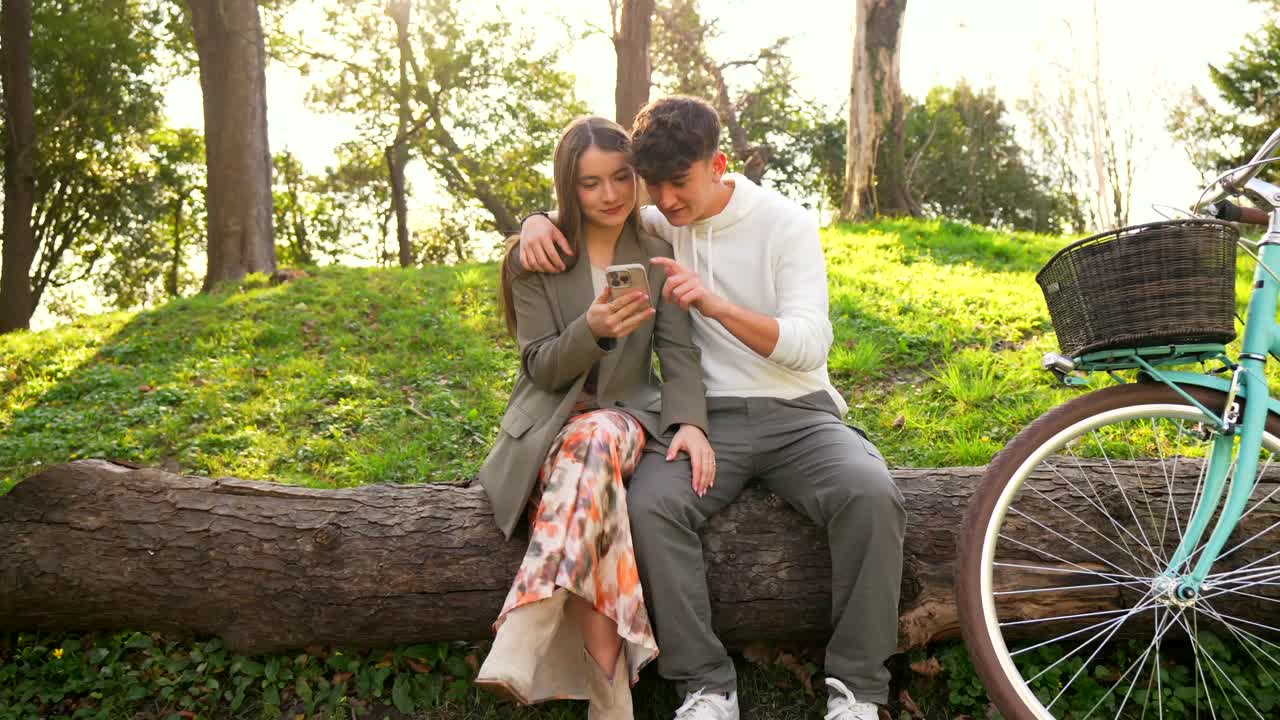 Couple using a phone in the park