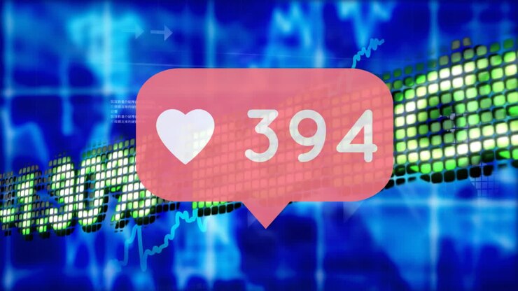 Animation af ikoner for sociale medier og tal over statistik og databehandling