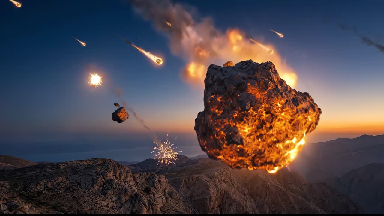 Meteor jatuh dan meledak di atas lanskap pegunungan saat matahari terbenam