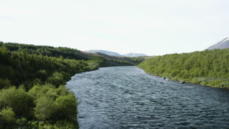 aerial - fnjoska river, vaglaskogur, fnjoskadalur, iceland, wide lowering shot