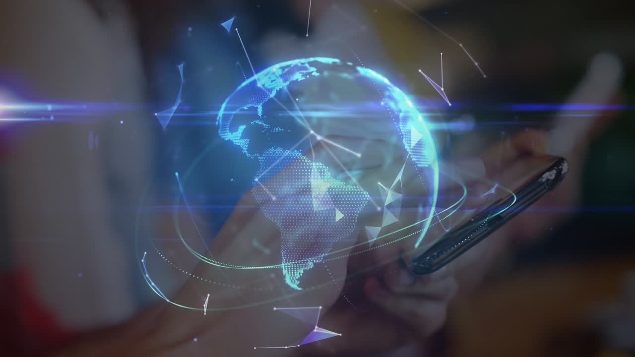 Animation of network of connections and globe over men using smartphone