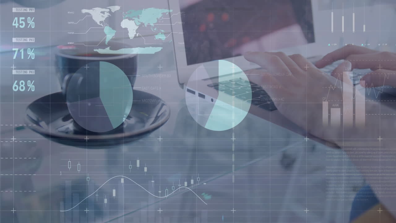 animazione di grafici e elaborazione di dati sulle mani di una donna caucasica usando un portatile