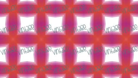animación de texto vintage en azul repetido sobre cuadrados blancos sobre fondo naranja y rosa