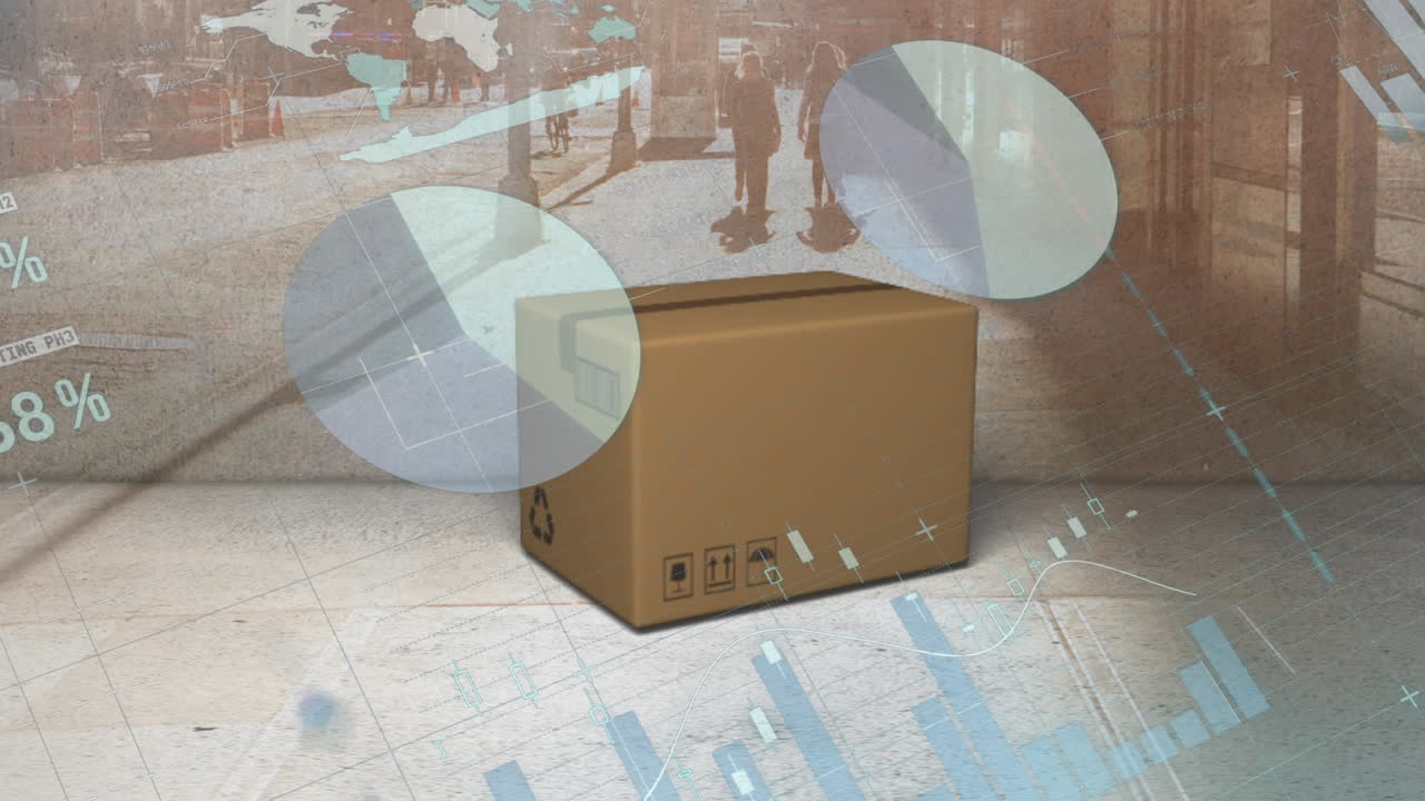 카드보드 상자와 도시 풍경 위에서 통계 처리의 애니메이션
