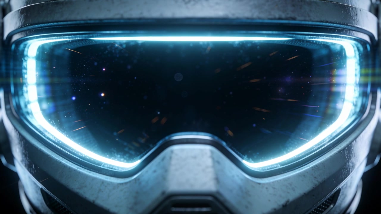 Casco futuristico pulsante con bordo LED ciano che si illumina mostrando striature e riflessi dell'obiettivo in studio.