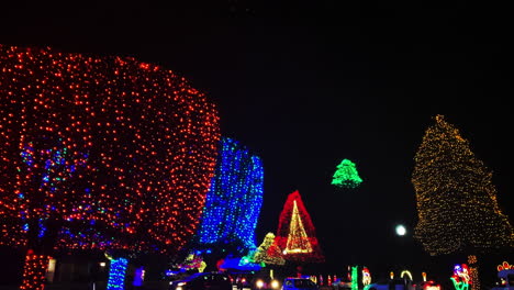 night shot of walk beneath trees lit with numerous christmas lights