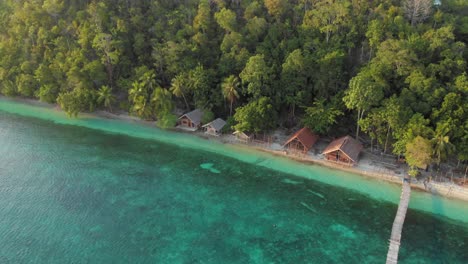 aerial view of kri island in raja ampat, indonesia, showcasing its lush forest, turquoise waters, and overwater bungalows