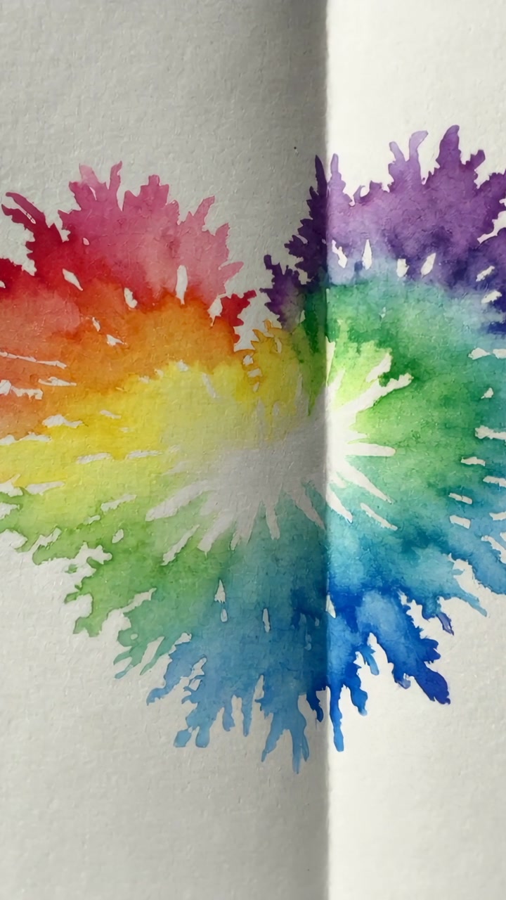 Vertical video: Rainbow watercolor splash shifting on textured paper by cam shift, showing crease