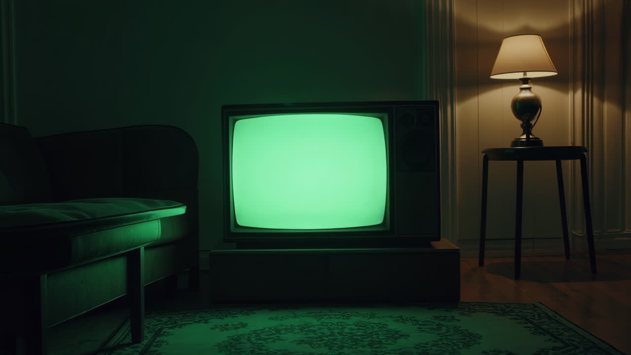 Retro stue scene med grøn skærm TV