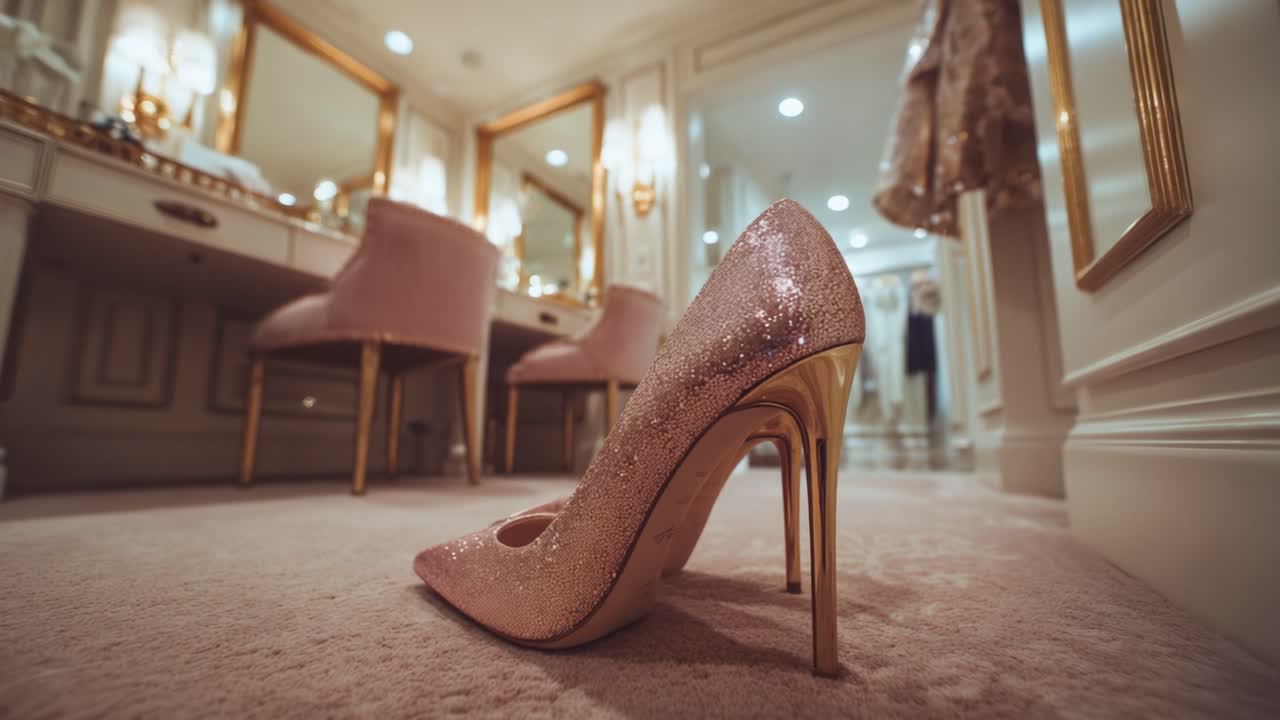 Elegante scarpa col tacco rosa in lussuoso camerino: una scintillante dichiarazione di moda tra arredi glamour e texture morbide