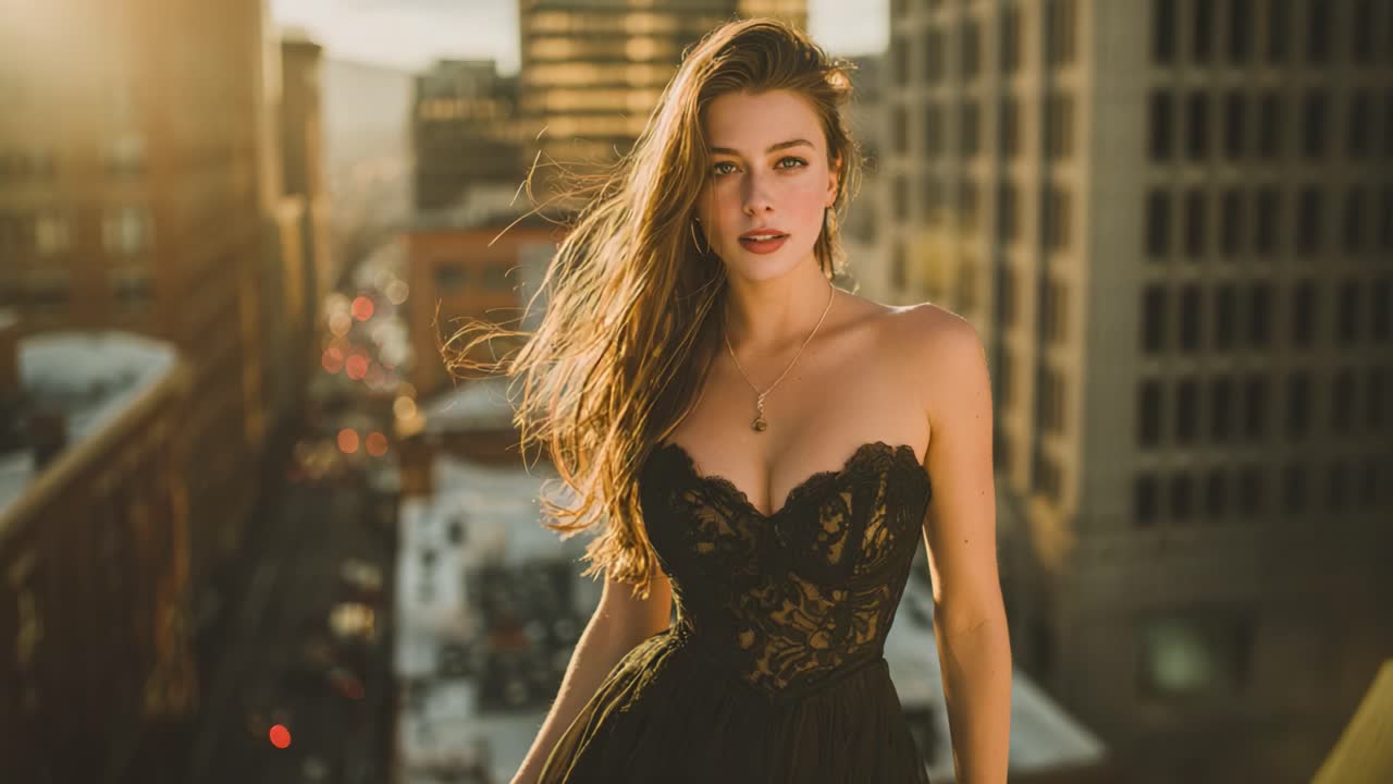 A breathtaking sunset portrait featuring a stunning model in an elegant black dress, showcasing beauty and confidence against a vibrant urban backdrop