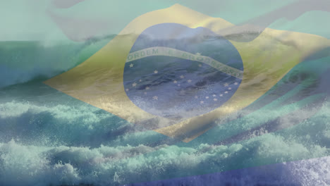 Digitale-Komposition-Der-Wehenden-Brasilianischen-Flagge-Gegen-Wellen-Im-Meer