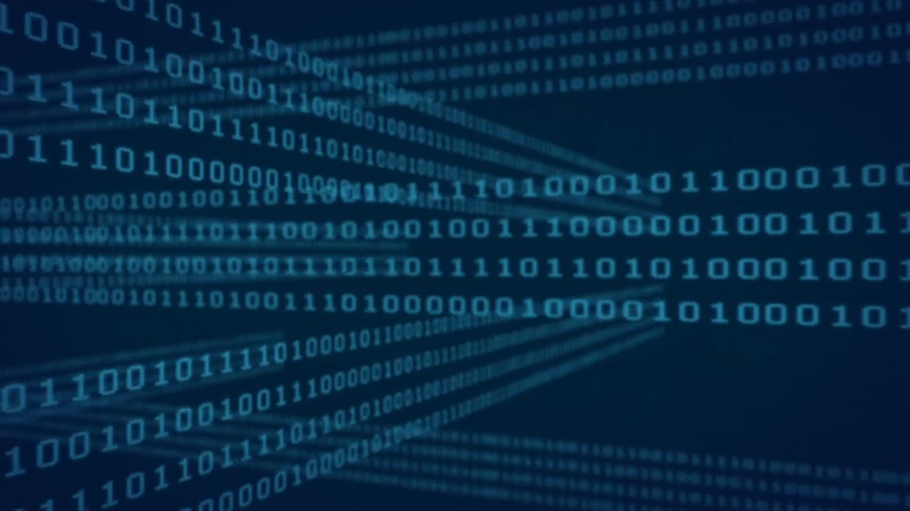 Animation of data processing and binary coding over dark background