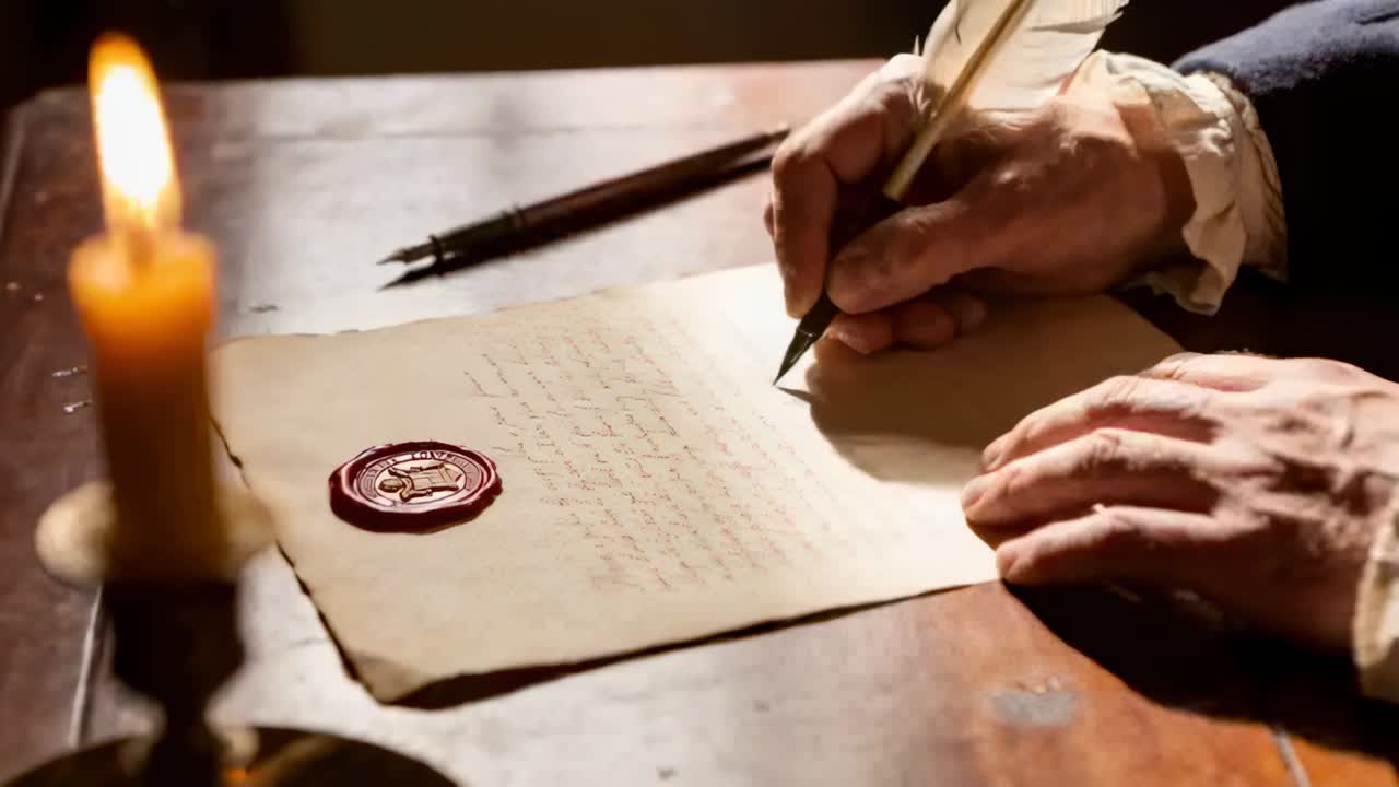 Bringing quill to parchment, ruffled-cuffed hands copying text at desk by candlelight with seal
