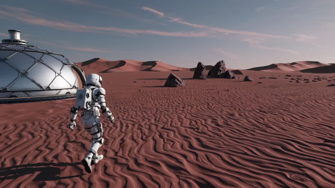 astronauta explorando un paisaje desértico marciano cerca de un hábitat espacial
