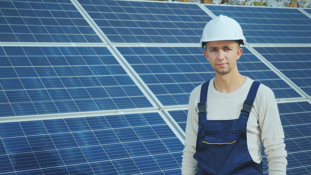 태양 전지판 뒤에 흰색 헬멧을 쓴 젊은 노동자의 초상화