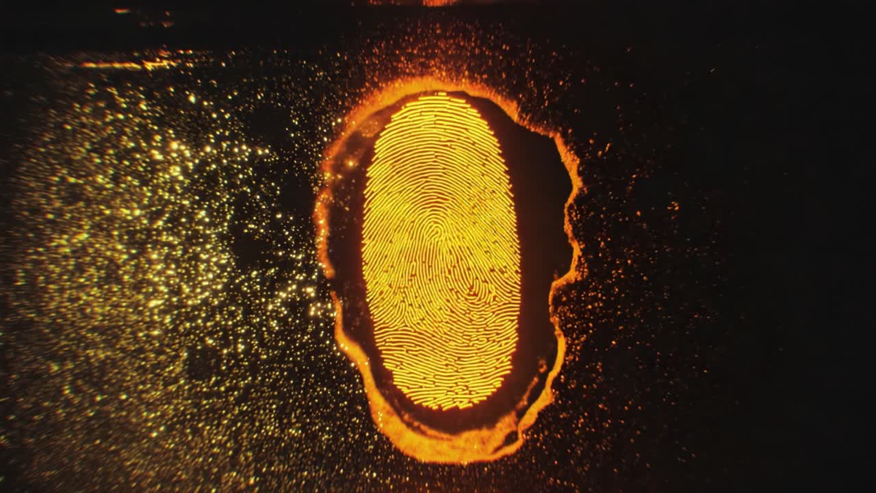 Glowing golden fingerprint appearing on a dark surface while blue and yellow data points flow around, visualizing a futuristic concept of biometric scanning, digital identity, and cybersecurity