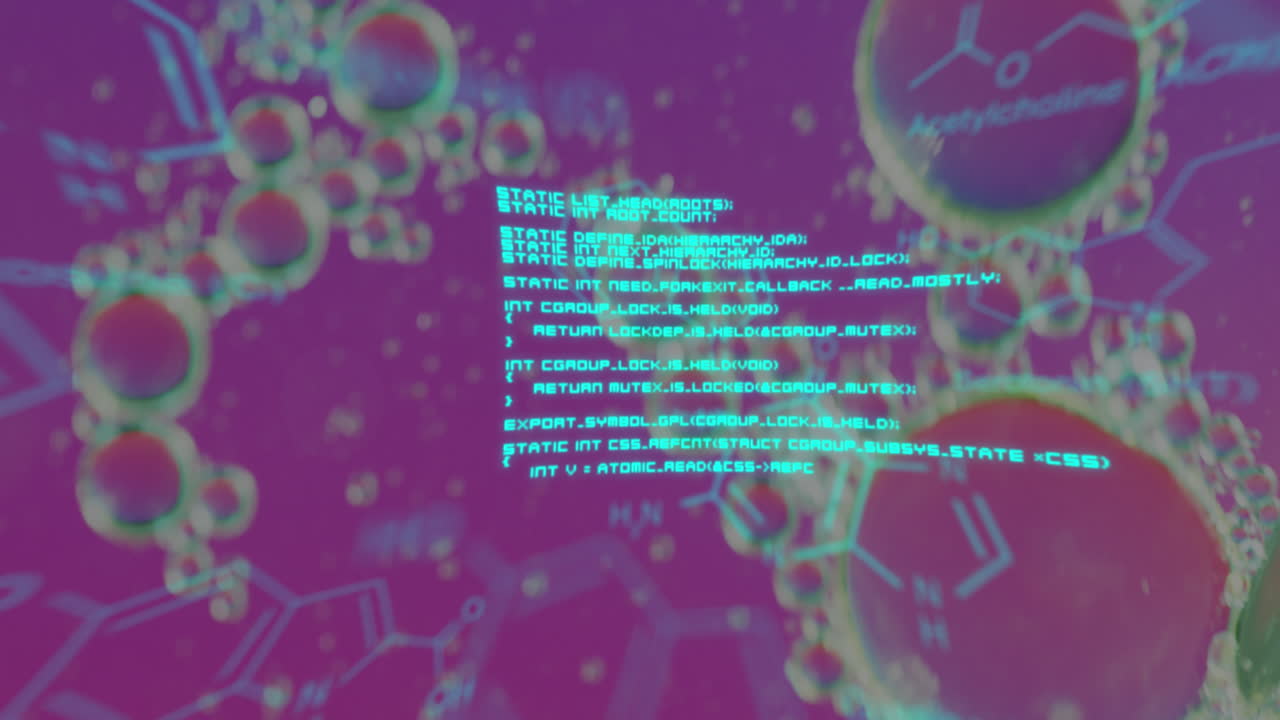 animación de la fórmula química sobre burbujas sobre un fondo púrpura
