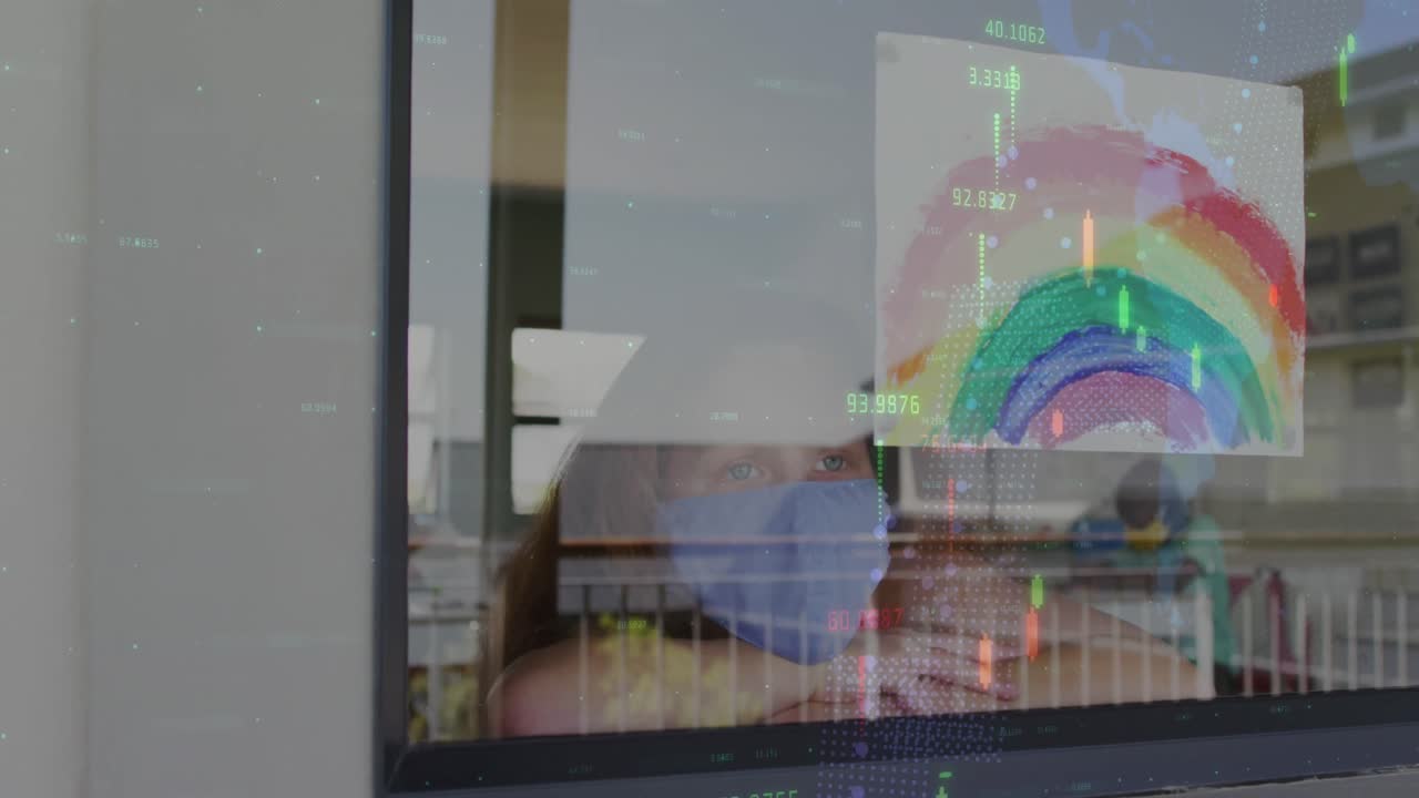 Animation of statistics and girl in face mask by window with rainbow drawing