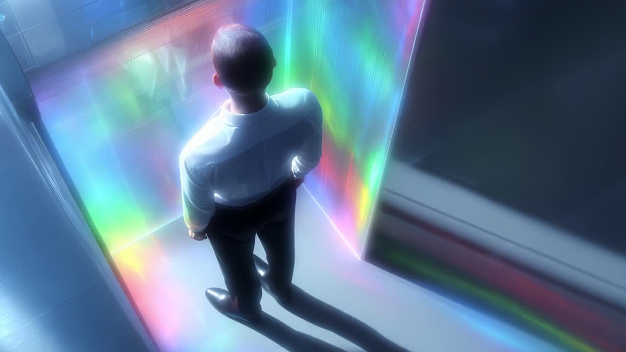 A Solemn Figure Stands in a Colorful Reflection Chamber, Enveloped by Vibrant Hues, Capturing the Essence of Light and Shadow in an Ethereal Environment