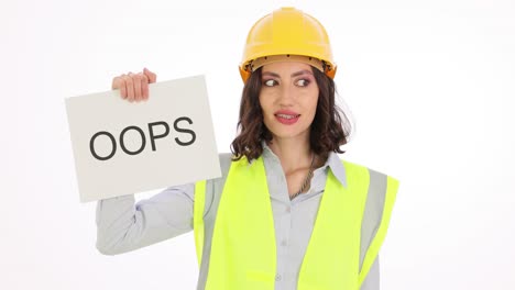 woman in safety gear holding an 'oops' sign