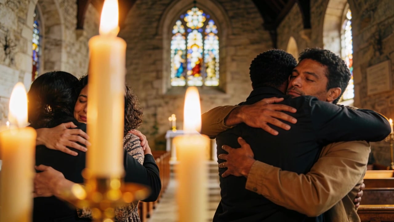 Des membres de la famille s'étreignant et se réconfortant mutuellement après un service à l'église, avec des bougies.