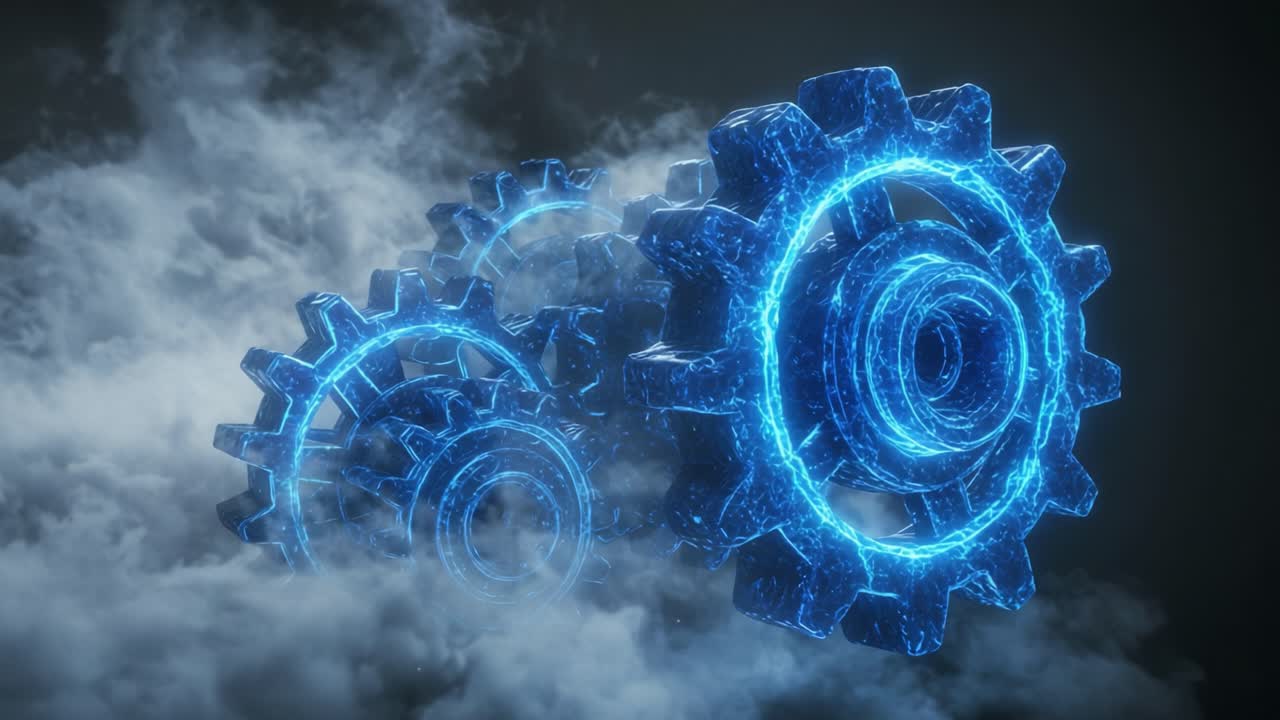 A Mesmerizing Display of Ethereal Blue Gears Surrounded by a Cloudy Mist, Illustrating the Intersection of Technology and Imagination in Motion