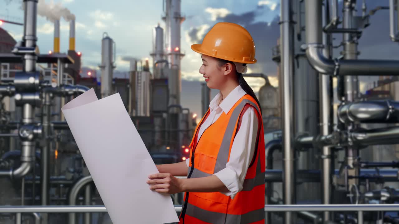Side View Of Asian Female Engineer With Safety Helmet Looking At Blueprint In Her Hands And Looking Around While Standing In a Refinery, Oil Processing Equipment And Machinery