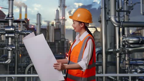 side view of asian female engineer with safety helmet looking at blueprint in her hands and looking around while standing in a refinery, oil processing equipment and machinery