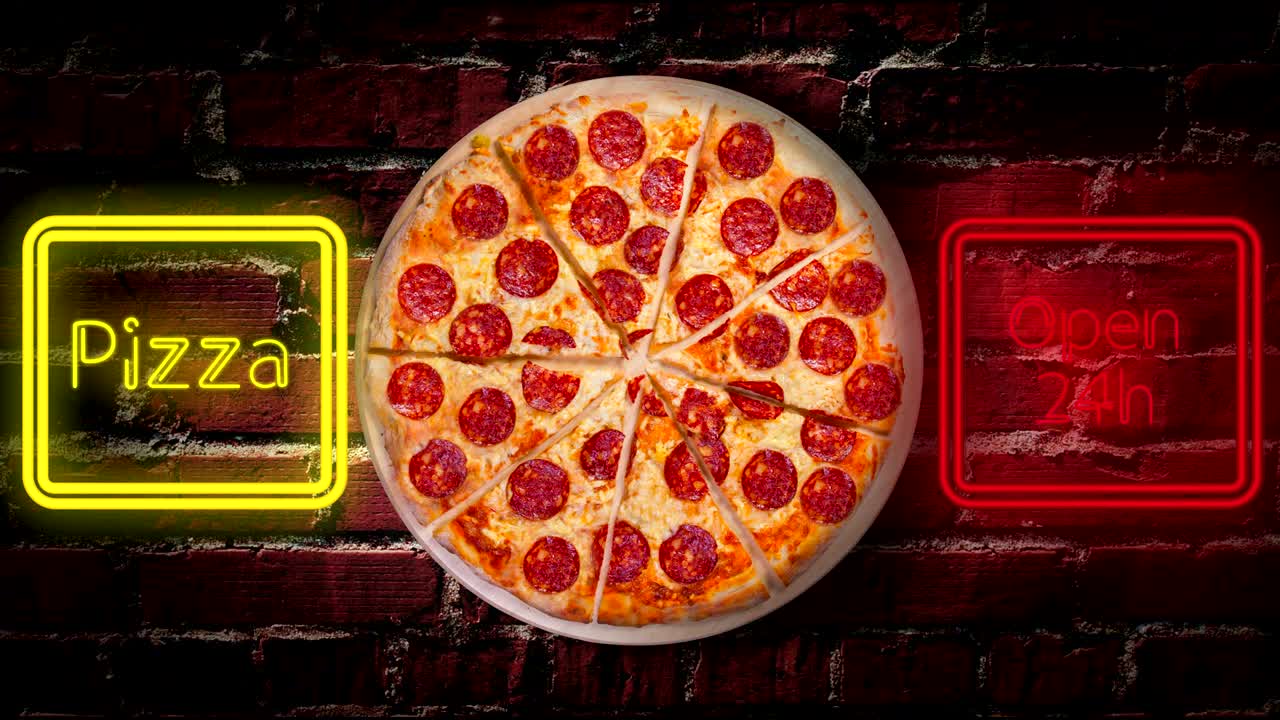 페페로니 피자 배경의 영상, 빛나는 네온 글자로 된 피자 가게 표지판의 이미지.