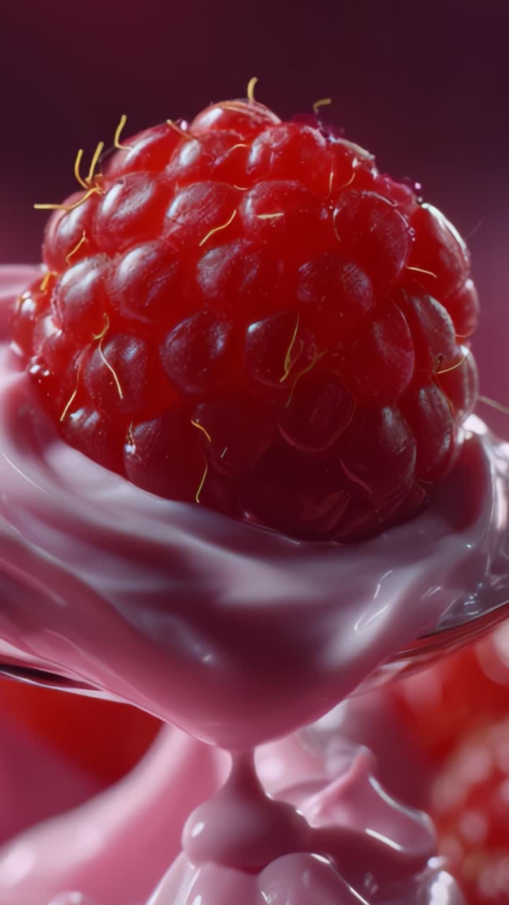 A Delicious Close-Up of a Juicy Raspberry Crowned with Creamy Yogurt in a Luscious Swirl, Capturing the Essence of Freshness and Decadence