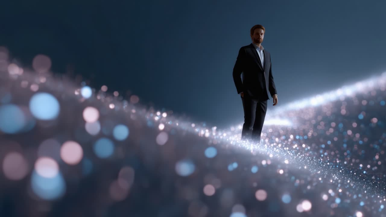 A poised individual stands confidently on a shimmering pathway of light, symbolizing hope and potential amidst a backdrop of abstract beauty and infinite possibilities