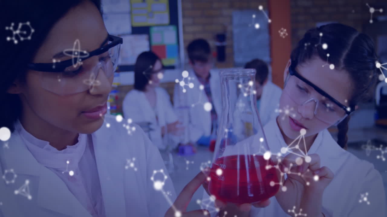 Animation of element structures over diverse schoolgirls carrying out experiment in chemistry class