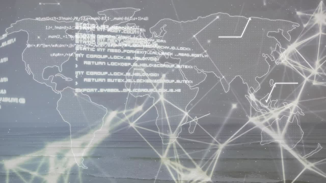 데이터 처리의 애니메이션과 해변 위의 세계 지도