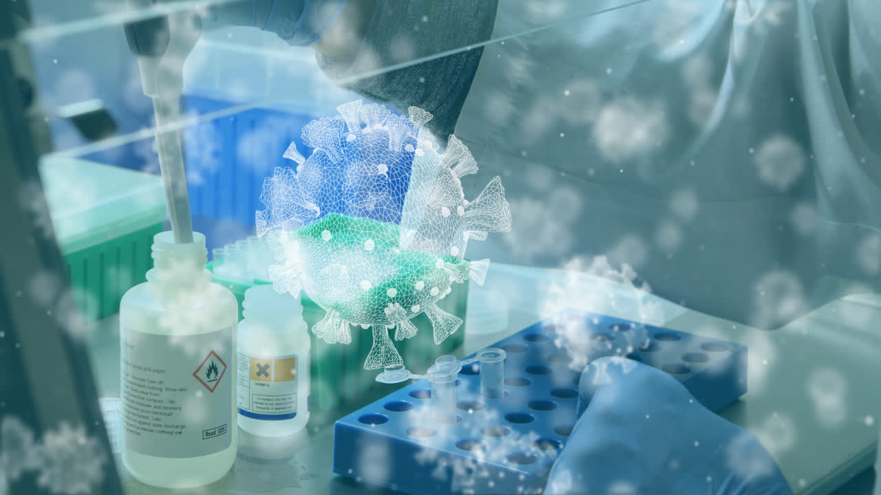 코로나 바이러스 세포가 얼굴 마스크를 착용한 사업가와 외과 의사 위에 떠다니는 애니메이션