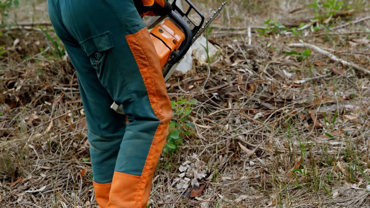 leñador usando una sierra eléctrica en el bosque