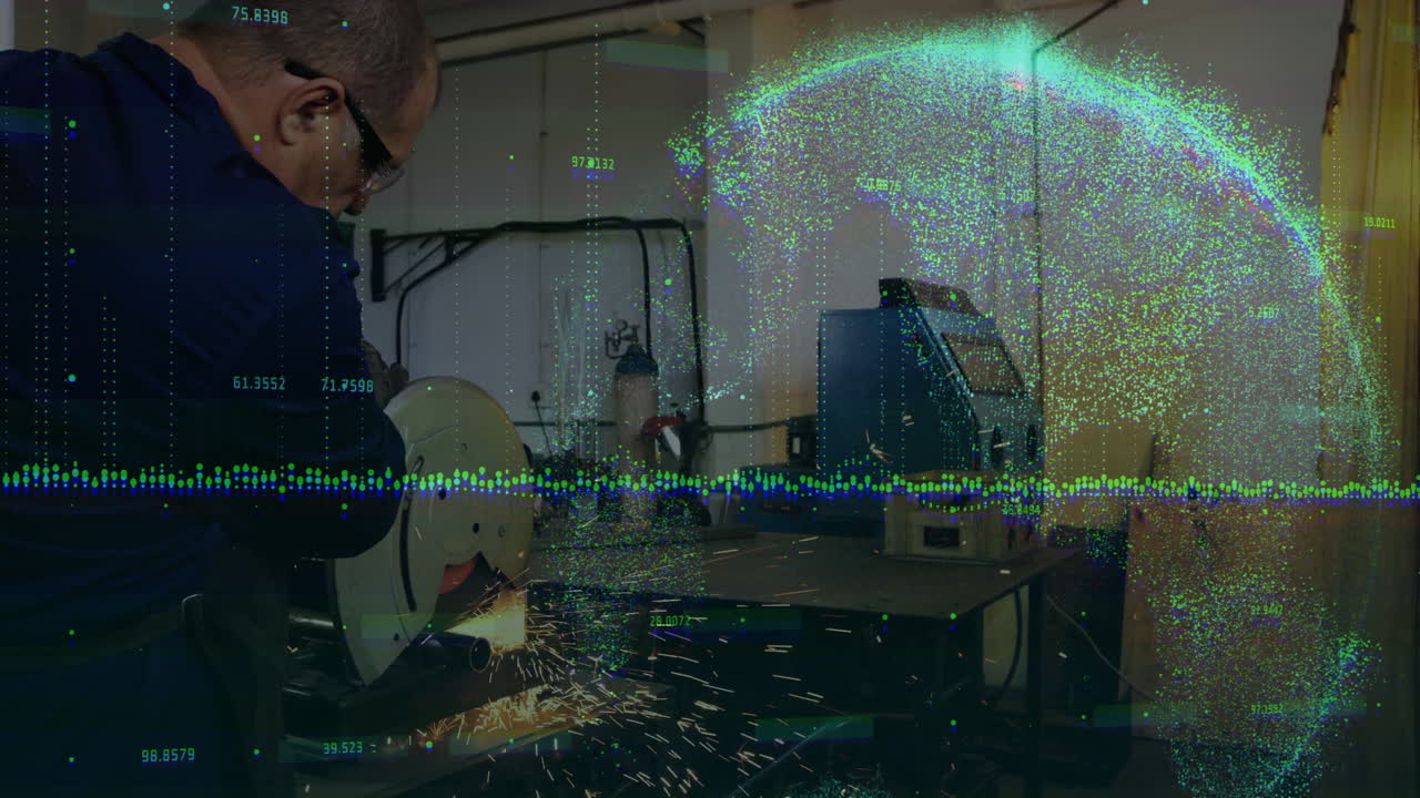 Man operating grinding machine with digital data processing animation overlay
