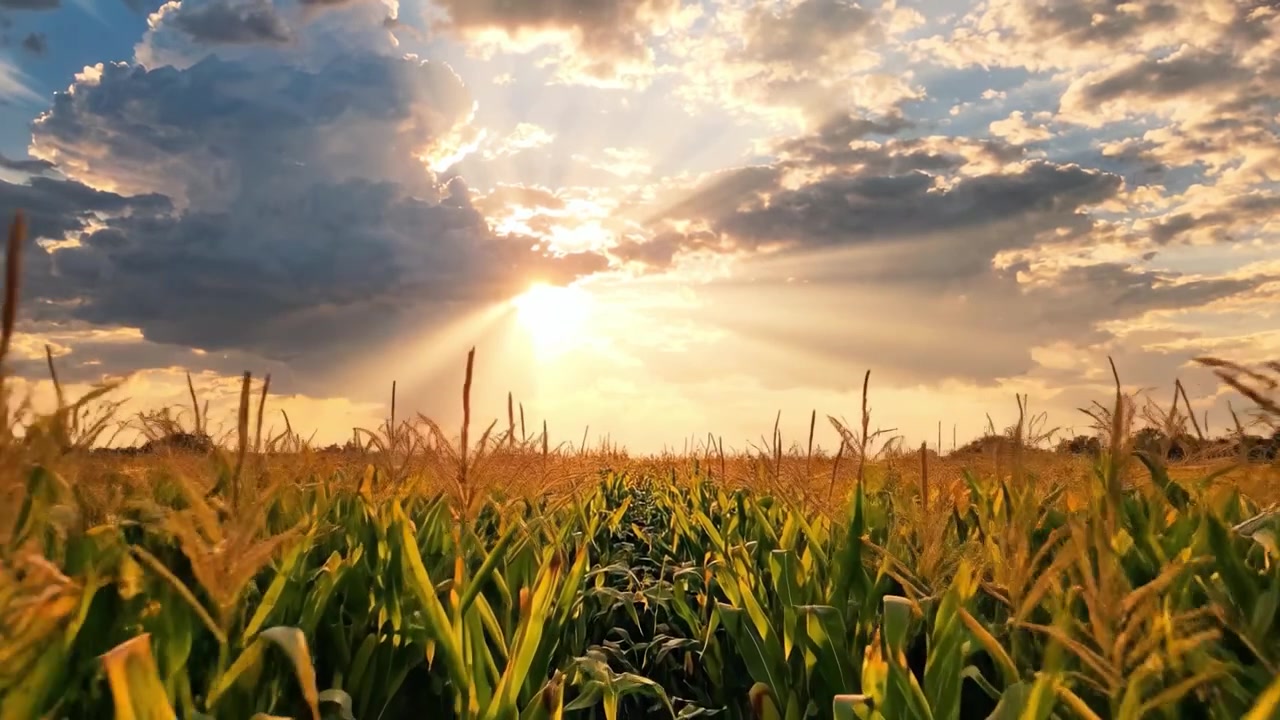 A Beautiful Sunset Over a Lush Cornfield with Radiant Sunlight Filtering Through the Clouds and Illuminating the Golden Crop Underneath