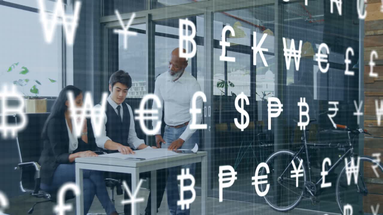 Animation of currency symbols against diverse businesspeople discussing over a plan at office