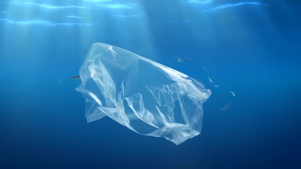 透明な海水の中で半透明のビニール袋が漂い、広がる。青いグラデーションと近くの小魚に囲まれ、海洋生物、ゴミ、そして環境の間に強い視覚的コントラストを生み出している。