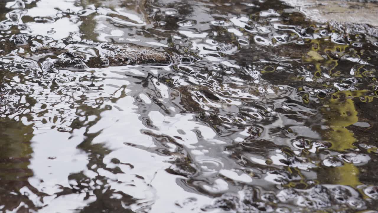 Slow-motion view of water running across ground