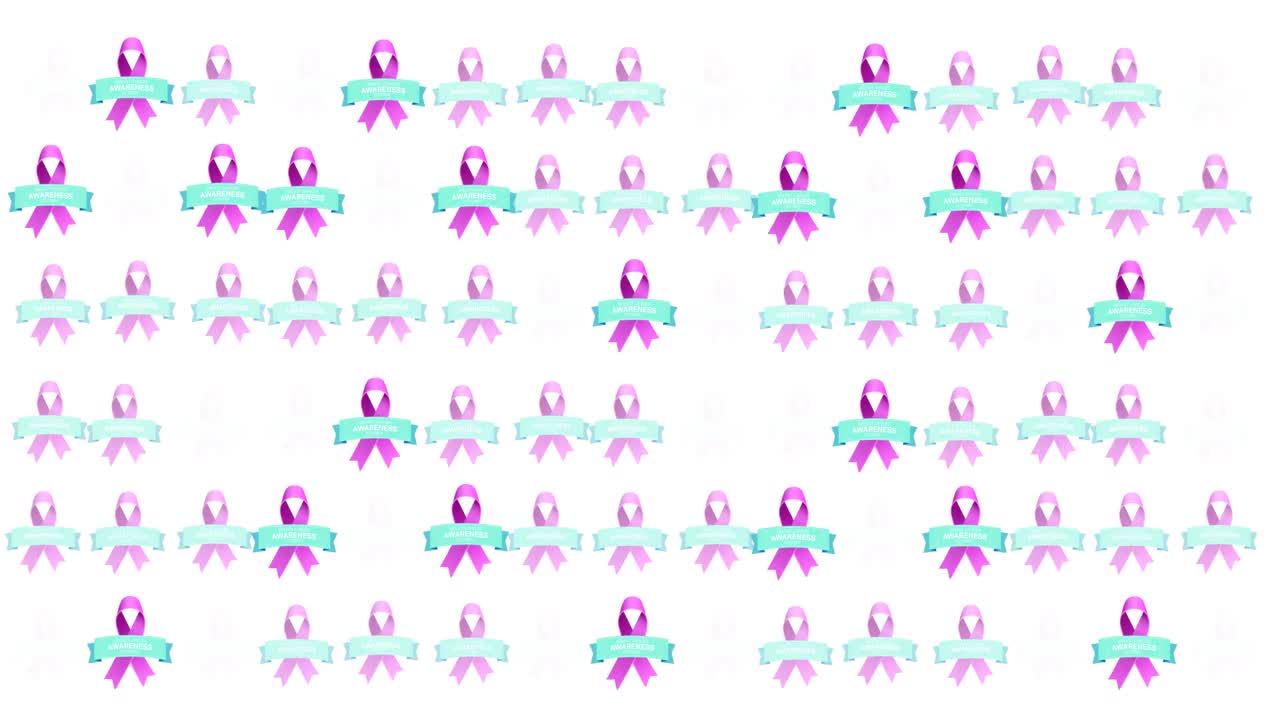 ⁇ 색 배경에 빛나는 여러 개의 분홍색 리본 로고와 유방암 텍스트의 애니메이션