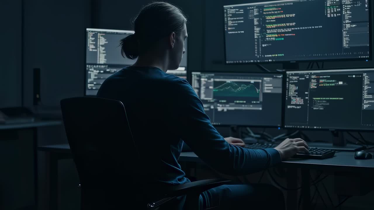 Coding enthusiast works late into the night on multiple computer screens while developing software solutions
