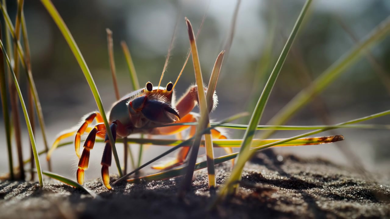En liten oransjerød krabbe vender mot kamera gjennom tynt strandgress på en sandstrandlinje, med varmt baklys, glødende klør, hevede øyestilker, grunn fokus, uskarp kystbakgrunn og en rolig naturlig stemning.